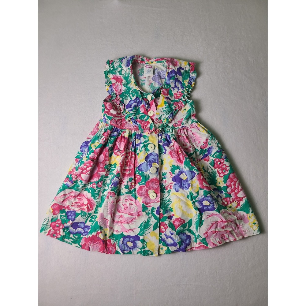 VTG 90s Y2K Young Hearts Floral Dress 6 Multicolor Ruffle Button Front Cotton